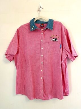 27 💗 Mickey x Jerry Leigh | Pink Check Button-Down Shirt with Denim Collar
